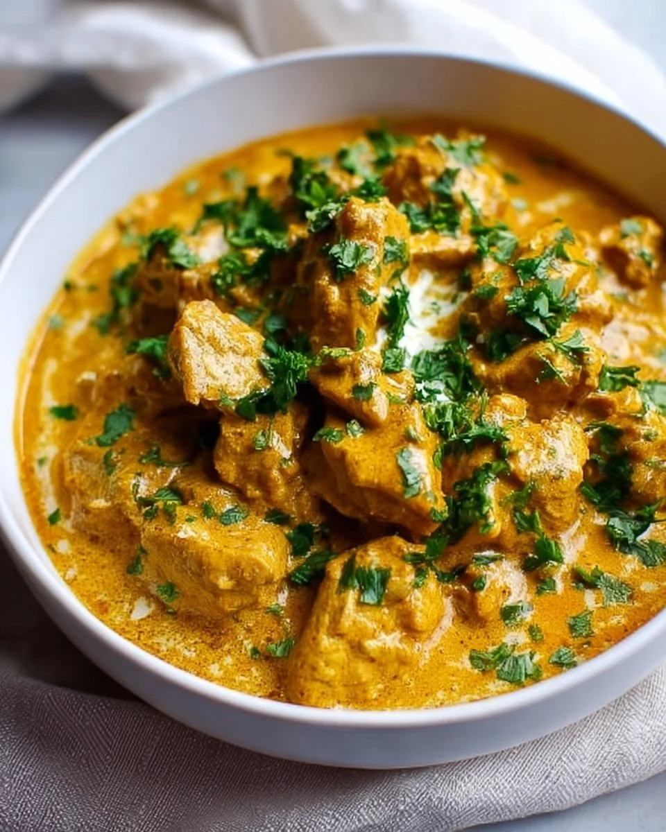 Slow cooker chicken korma with spices and creamy sauce in a bowl