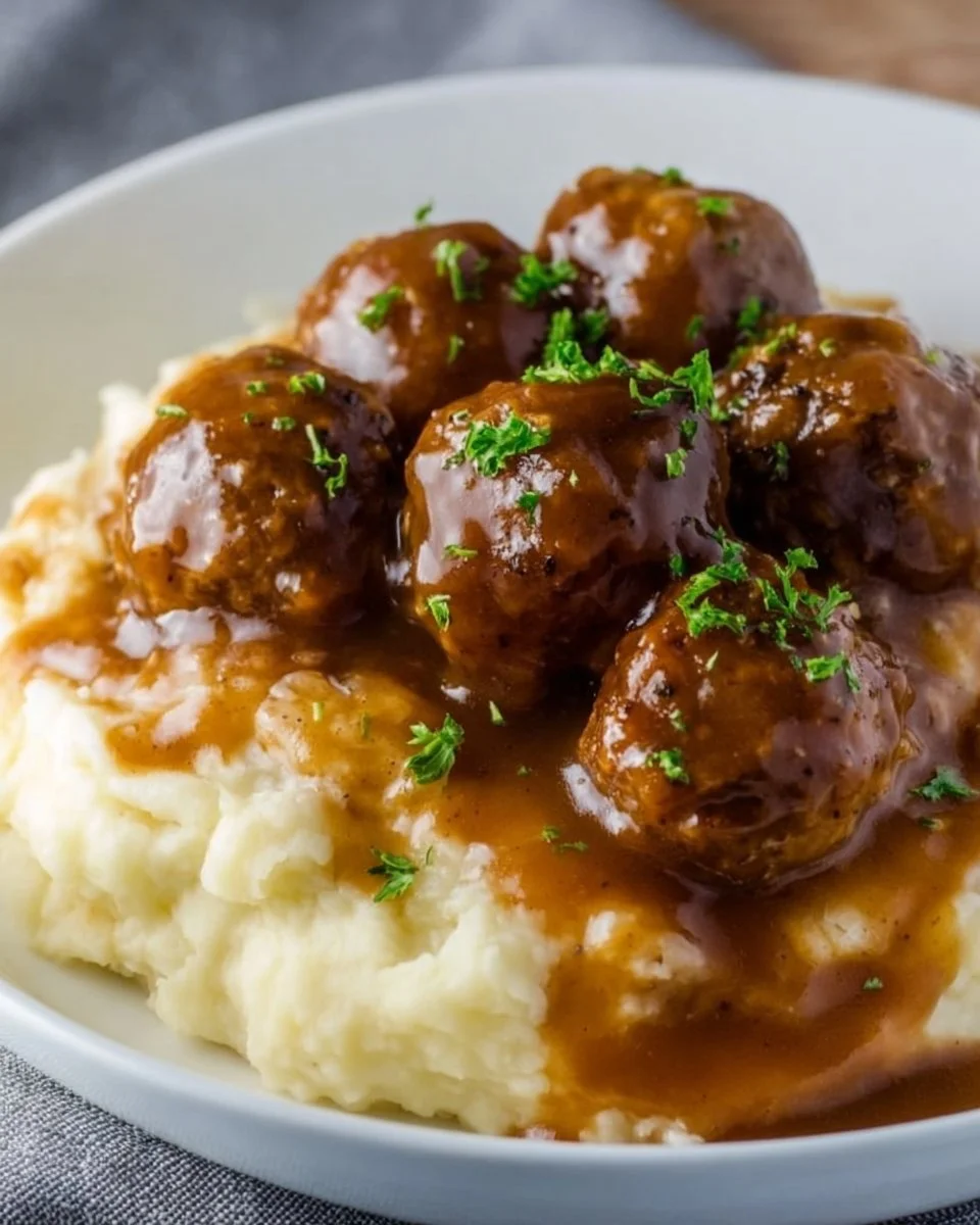 Slow Cooker Salisbury Steak Meatballs served on a plate with gravy