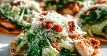 Smash Chicken Caesar Tacos topped with romaine lettuce and Caesar dressing
