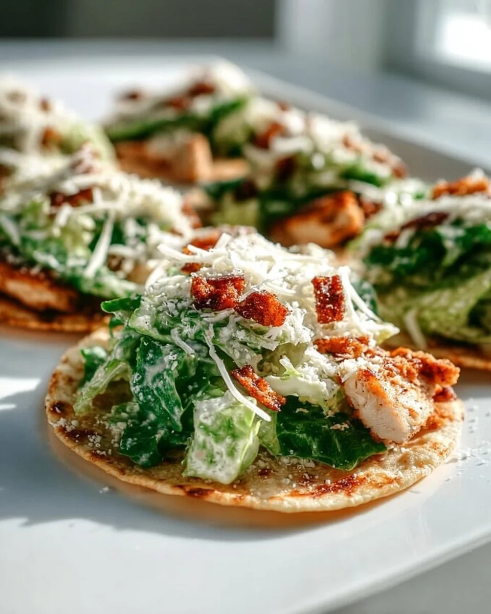 Smash Chicken Caesar Tacos topped with romaine lettuce and Caesar dressing