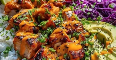 Delicious Spicy Maple Chicken served with creamy coconut rice