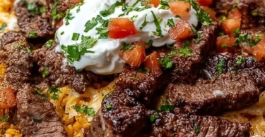 Delicious plate of steak cheese rice served with fresh ingredients