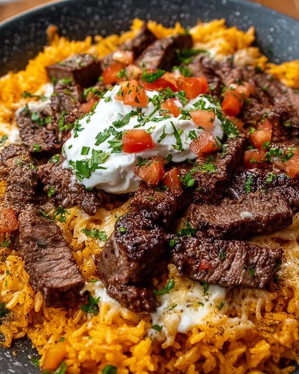 Delicious plate of steak cheese rice served with fresh ingredients