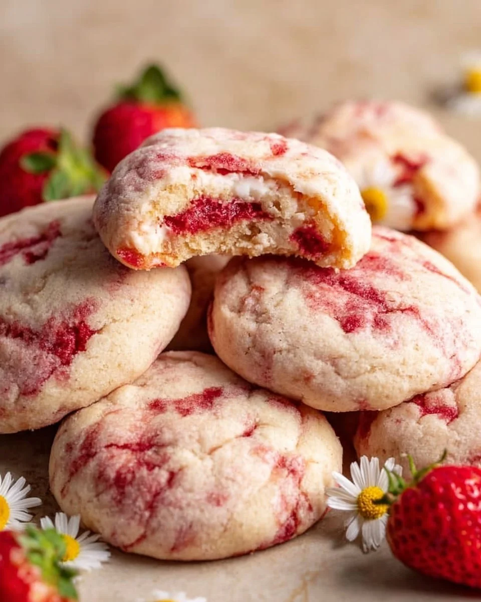 Strawberry cheesecake cookies with cream cheese frosting and fresh strawberries
