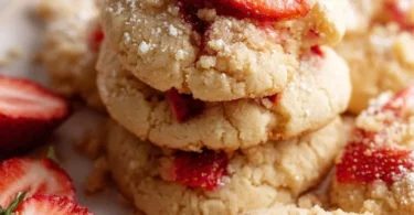 Freshly baked Strawberry Shortcake Cookies with strawberries and cream