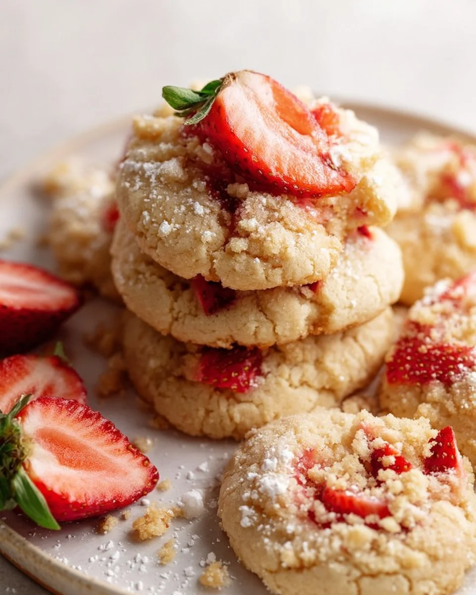 Freshly baked Strawberry Shortcake Cookies with strawberries and cream