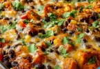 Sweet potato and black bean casserole served in a rustic dish