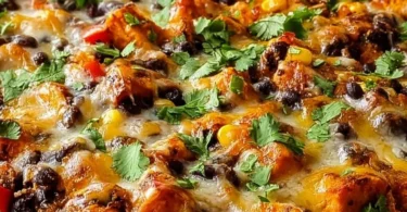 Sweet potato and black bean casserole served in a rustic dish