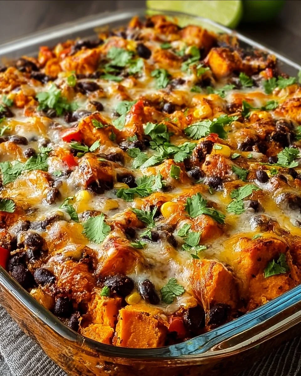 Sweet potato and black bean casserole served in a rustic dish