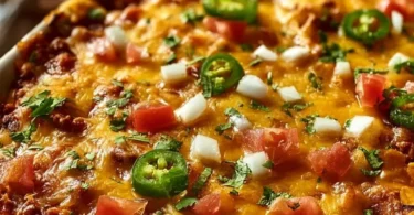 Delicious Taco Bake Casserole topped with cheese and salsa in a baking dish