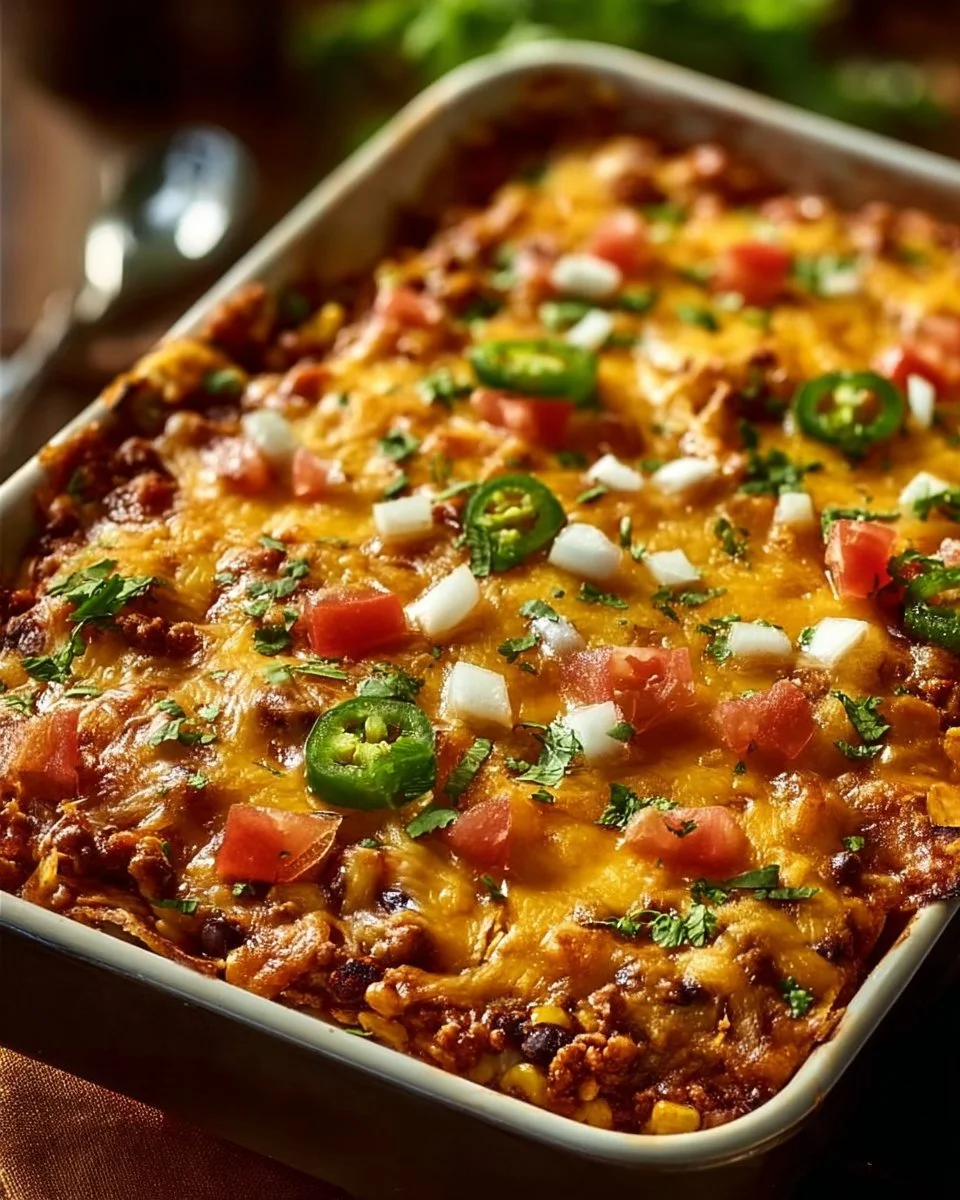 Delicious Taco Bake Casserole topped with cheese and salsa in a baking dish