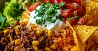 Taco Rice Bowl topped with Doritos, garnished with fresh ingredients