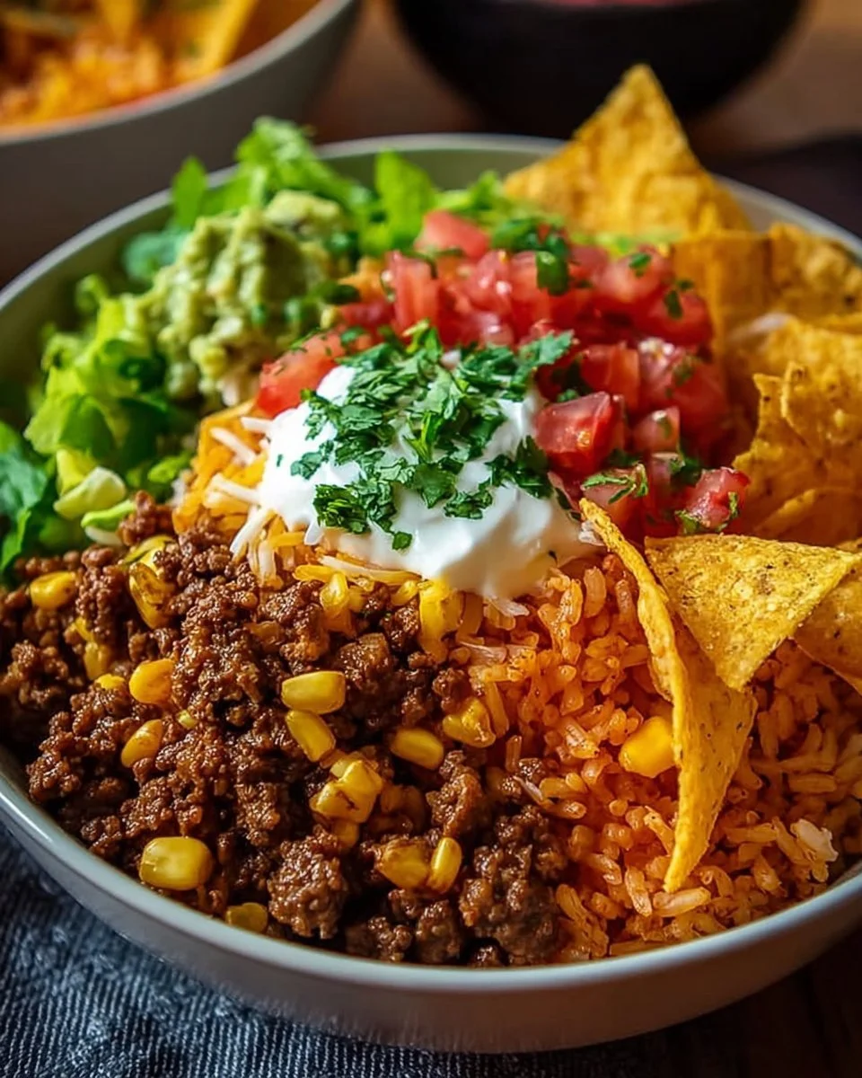 Taco Rice Bowl topped with Doritos, garnished with fresh ingredients