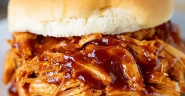 Delicious Crockpot BBQ Chicken served on a plate with BBQ sauce
