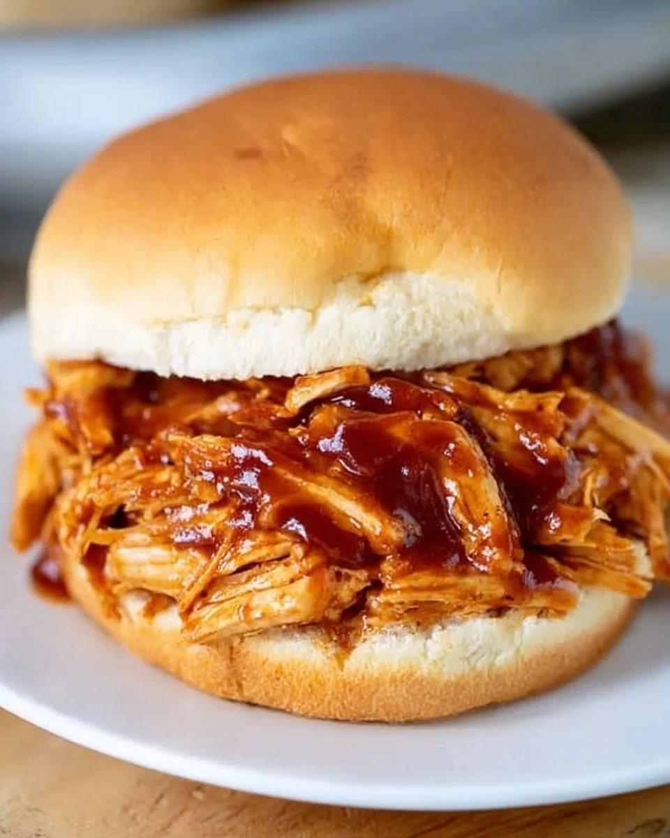 Delicious Crockpot BBQ Chicken served on a plate with BBQ sauce