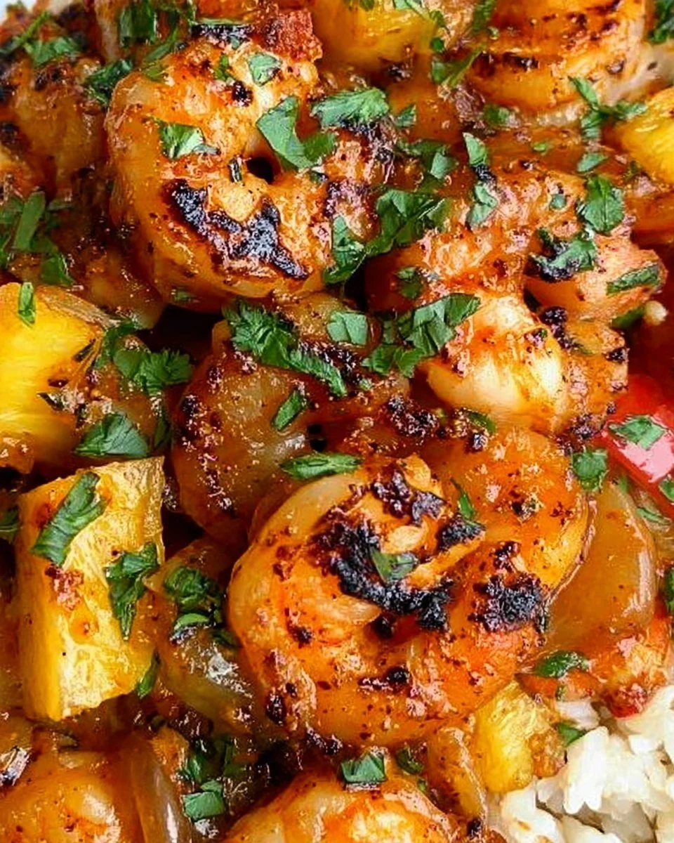 Tropical Shrimp Rice Bowl with colorful fresh ingredients and shrimp.