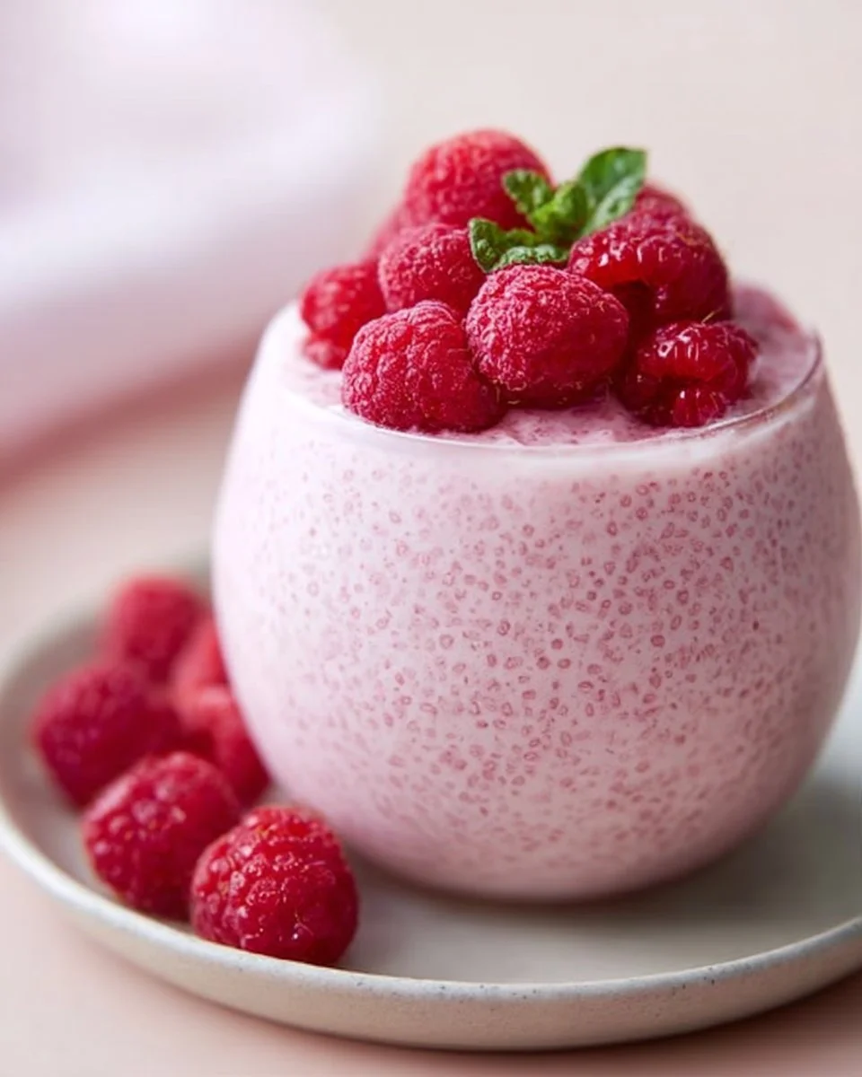 Vanilla Raspberry Chia Pudding topped with fresh raspberries and mint leaves