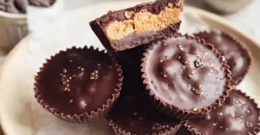 Vegan Quinoa Crunch Peanut Butter Cups with chocolate coating and quinoa topping