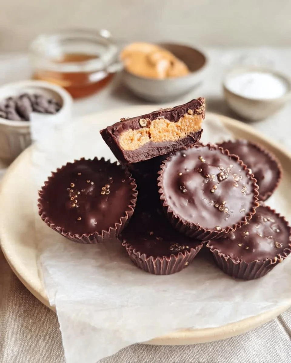Vegan Quinoa Crunch Peanut Butter Cups with chocolate coating and quinoa topping