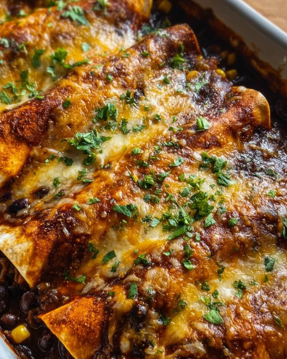 Delicious vegetarian black bean enchiladas topped with cheese and garnished with cilantro
